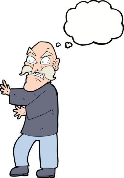 Bir insan tarafından çizilmiş düşünce baloncuğu olan kızgın yaşlı bir adam.