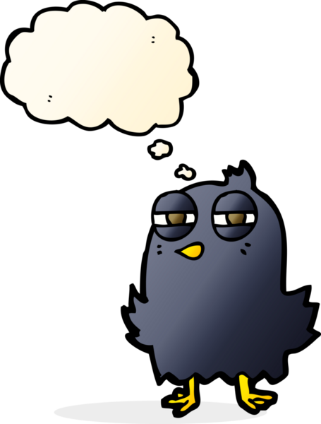 Bir insan tarafından çizilmiş düşünce baloncuklu komik çizgi film kuşu.