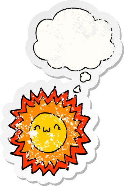 Düşünce baloncuklu karikatür güneşi bir insan tarafından çizilmiş yıpranmış bir çıkartma gibi.
