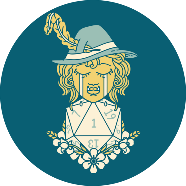 Retro Dövme Tarzı Hüzünlü yarım Ork Ozan Karakteri Bir insan tarafından çizilmiş doğal bir d20 rulo