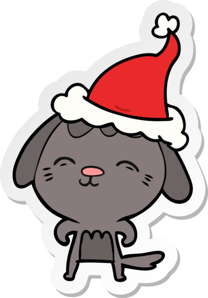 Bir insan tarafından çizilmiş Noel Baba şapkası takan bir köpeğin çizdiği mutlu el yazısı.