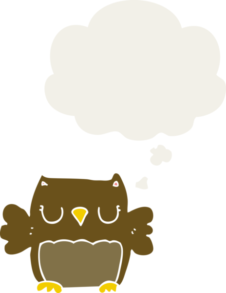 Bir insan tarafından çizilmiş düşünce baloncuğu olan sevimli çizgi film baykuşu.