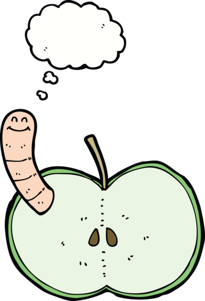 Bir insan tarafından çizilmiş düşünce baloncuğu solucanlı çizgi film elması