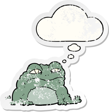 Düşünce baloncuklu çizgi film karakurbağası insan tarafından çizilmiş yıpranmış bir çıkartma.