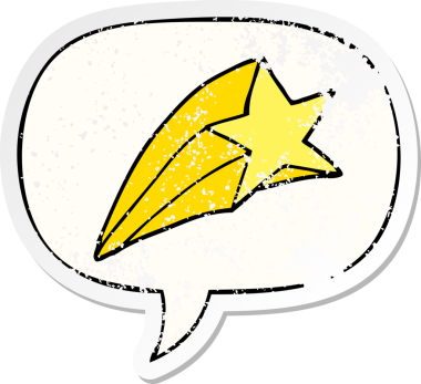 Konuşma baloncuğu ile kayan çizgi film yıldızı bir insan tarafından çizilmiş sıkıntılı eski bir çıkartma