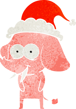 Mutlu el, bir insan tarafından çizilmiş Noel Baba şapkası takan bir filin retro karikatürü.