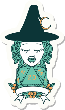 Bir insan tarafından çizilmiş doğal 20 zarlı yarım ork cadı karakterinin çıkartması.