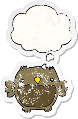 Düşünce baloncuğu olan karikatür baykuşu insan tarafından çizilmiş yıpranmış bir çıkartma.