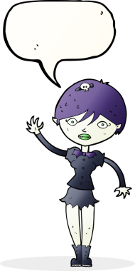 Bir insan tarafından çizilmiş konuşma balonuyla sallanan vampir kız.