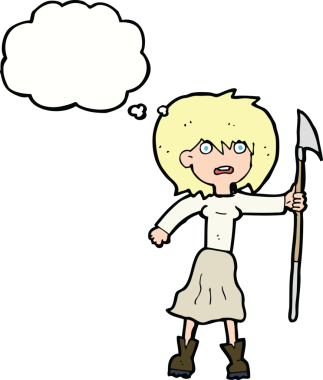 Bir insan tarafından çizilmiş düşünce balonlu zıpkınlı karikatür kadın.