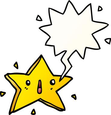 Bir insan tarafından çizilmiş yumuşak eğimli konuşma baloncuğu olan sevimli bir çizgi film yıldızı.