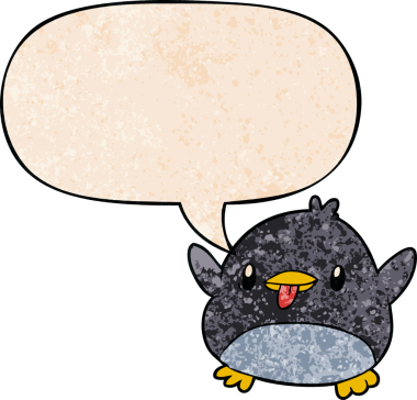 Bir insan tarafından çizilmiş, geçmişe dönük konuşma baloncuğu olan sevimli penguen çizgi filmi.