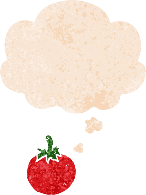 Düşünce baloncuklu çizgi film domatesi grunge sıkıntılı retro dokuma tarzı bir insan tarafından çizilmiş.