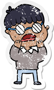 Bir insan tarafından çizilmiş gözlük takan, şok olmuş bir karikatür çıkartması.