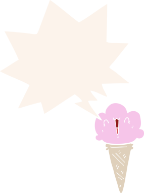 Bir insan tarafından çizilmiş, yüzü konuşma baloncuğu olan karikatür dondurması.