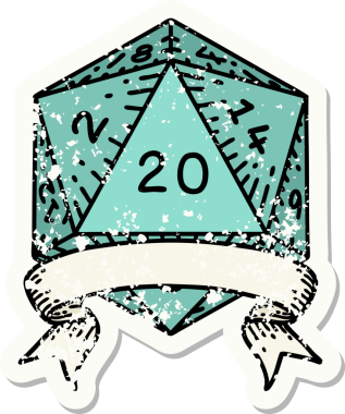 Bir insan tarafından çekilen 20 kritik vuruşluk D20 zar atımının grunge çıkartması.