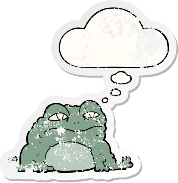 Düşünce baloncuklu çizgi film karakurbağası insan tarafından çizilmiş yıpranmış bir çıkartma.