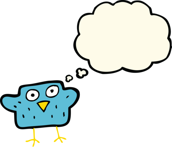 Bir insan tarafından çizilmiş düşünce baloncuklu çizgi film kuşu.