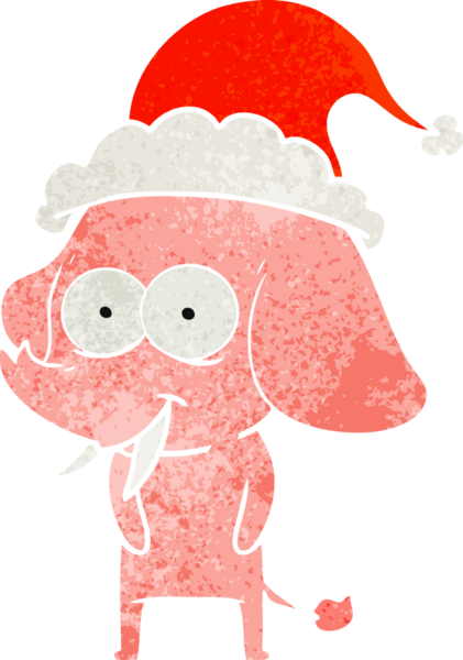 Mutlu el, bir insan tarafından çizilmiş Noel Baba şapkası takan bir filin retro karikatürü.