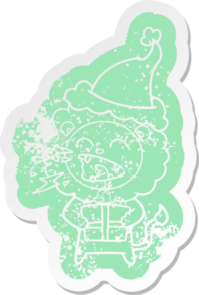 Bir insan tarafından çizilmiş Noel Baba şapkasıyla kükreyen bir aslanın garip bir karikatürü.