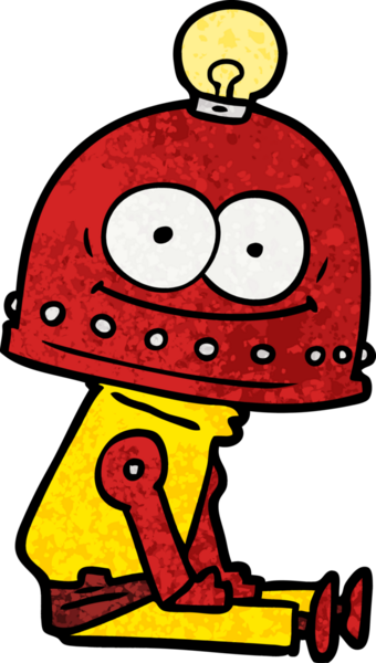 Bir insan tarafından çizilmiş ampullü mutlu karton robot.