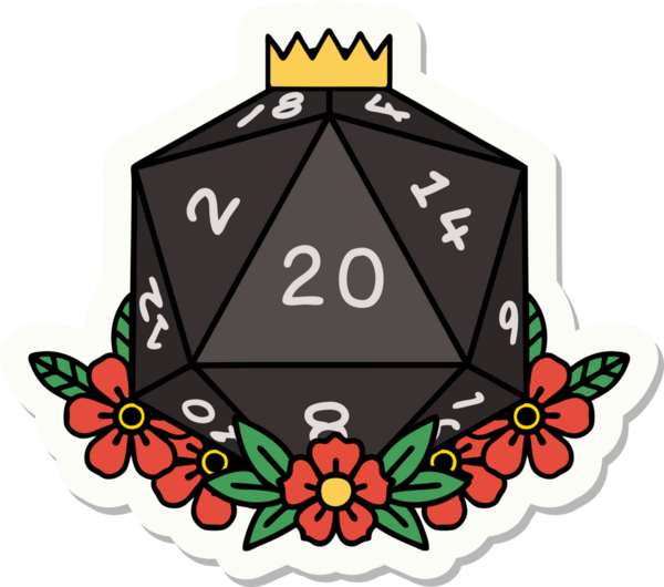 Bir insan tarafından çizilmiş 20 D20 zarının etiketi.