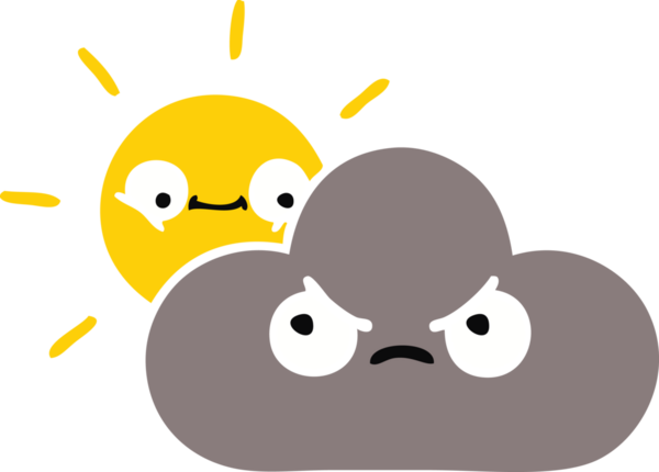 Bir fırtına bulutu ve bir insan tarafından çizilen güneşin düz renkli retro karikatürü