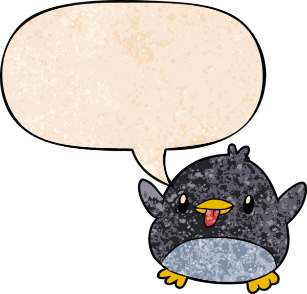 Bir insan tarafından çizilmiş, geçmişe dönük konuşma baloncuğu olan sevimli penguen çizgi filmi.