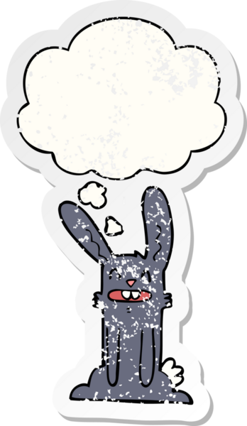 Düşünce baloncuğu olan çizgi film tavşanı insan tarafından çizilmiş yıpranmış bir çıkartma.