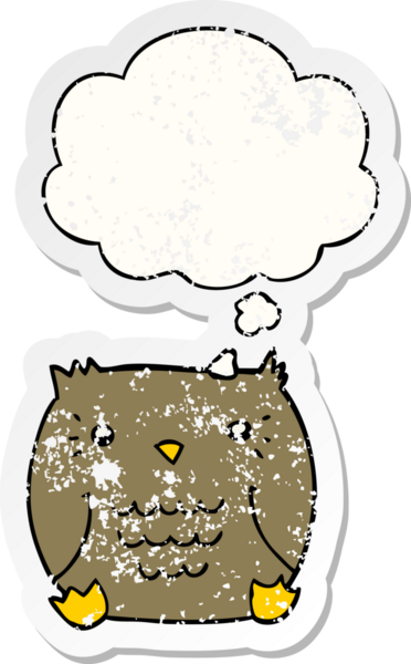 Düşünce baloncuğu olan karikatür baykuşu insan tarafından çizilmiş yıpranmış bir çıkartma.