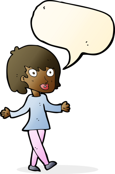 Bir insan tarafından çizilmiş konuşma balonlu açık kollu çizgi film kadını.