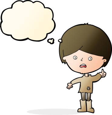 Bir insan tarafından çizilmiş düşünce baloncuğu olan mutsuz bir çocuk.