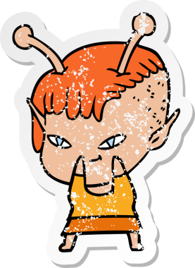 Bir insan tarafından çizilmiş sevimli uzaylı bir kızın sıkıntılı çıkartması.