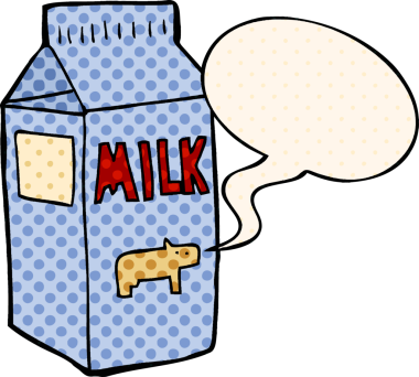 Bir insan tarafından çizilmiş, çizgi roman tarzında konuşma balonu olan süt kutusu.
