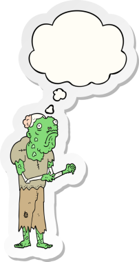 Düşünce baloncuğu insan tarafından çizilmiş bir çıkartma olan çizgi film zombisi.