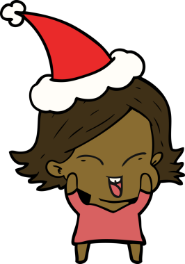 Mutlu el çizimi bir insan tarafından çizilmiş Noel Baba şapkası takan bir kız.