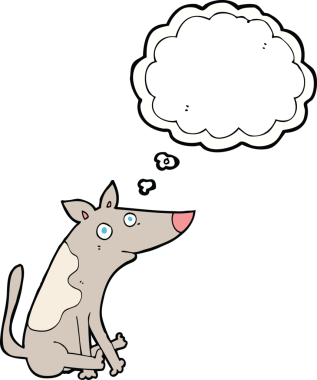 Bir insan tarafından çizilmiş düşünce baloncuklu çizgi film köpeği.