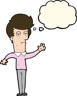 Bir insan tarafından çizilmiş düşünce baloncuğuyla el sallayan sıkıcı bir adam.