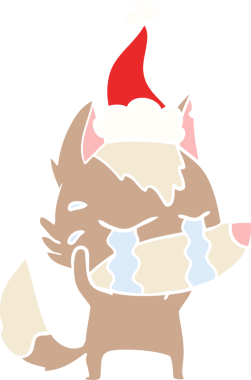 Bir insan tarafından çizilmiş Noel Baba şapkası takan ağlayan bir kurdun düz renkli çizimi.