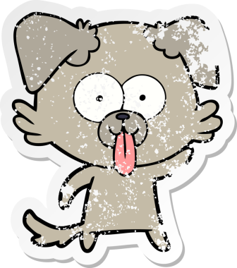 Bir insan tarafından çizilmiş dilli çizgi film köpeğinin sıkıntılı çıkartması.