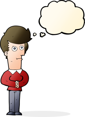 Bir insan tarafından çizilmiş düşünce balonuyla bakan çizgi film adamı.