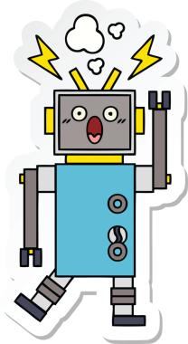 Bir insan tarafından çizilmiş arızalı sevimli bir robot karikatürü çıkartması.