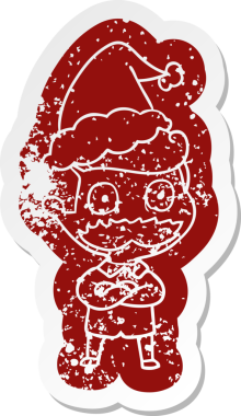 Garip bir çizgi film, bıyıklı bir adamın insan tarafından çizilmiş bir Noel Baba şapkasıyla şok olmuş çıkartması.