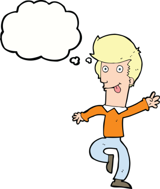 Bir insan tarafından çizilmiş düşünce baloncuğuyla dans eden çizgi film adamı.