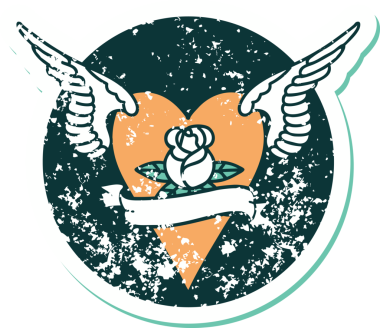 Bir insan tarafından çizilmiş çiçek ve pankartıyla uçan bir kalbin sembolik dövmeli resmi.