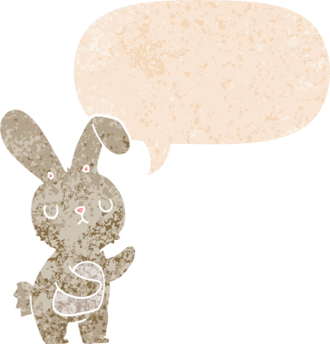Konuşması kabarcıklı şirin çizgi film tavşanı bir insan tarafından çizilmiş dertli retro tarzı.