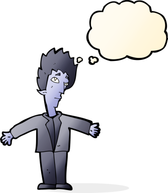 Bir insan tarafından çizilmiş düşünce balonlu vampir adam.