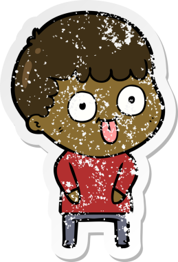 distressed sticker of a cartoon dumb kid drawn by a human