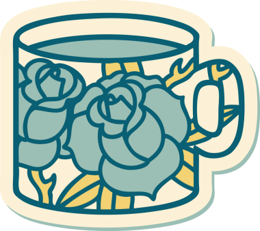 Geleneksel bir kupa stili dövme çıkartması ve bir insan tarafından çizilmiş çiçekler.