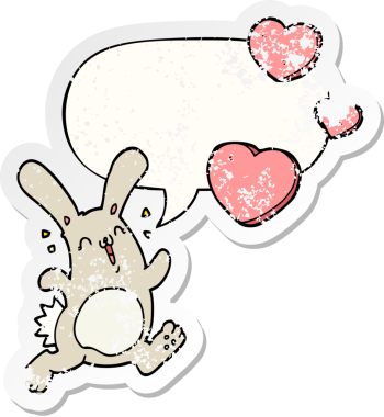 Konuşma balonuna aşık çizgi film tavşanı bir insan tarafından çizilmiş sıkıntılı eski bir çıkartma